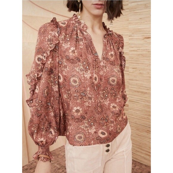 ULLA JOHNSON Manet Ruffled Floral Print Cotton Peasant Blouse Brown Rosebud 4 - Picture 1 of 8